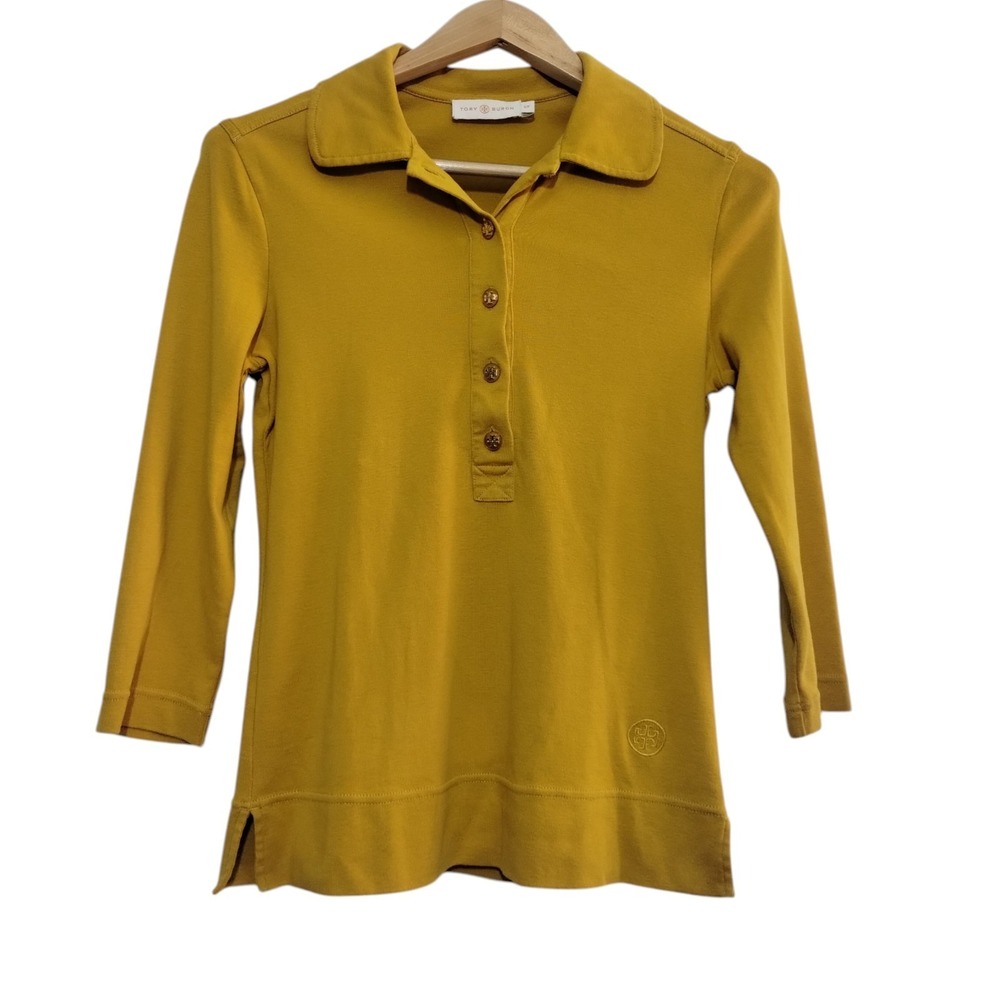 Tory Burch Mustard Yellow Votton Knit Polo Shirt Women's S Preppy Logo
